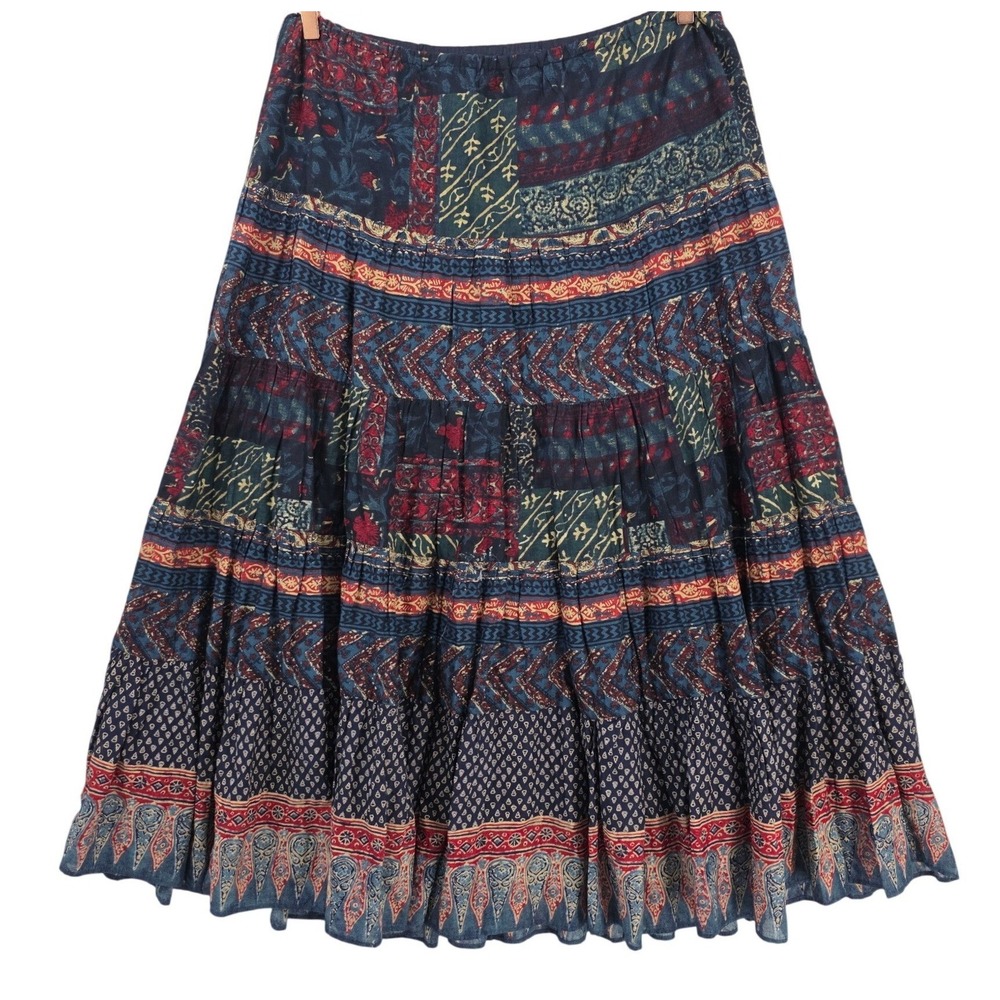 Lauren Ralph Lauren Womens L Blue Multicolor Patchwork Boho Tiered Maxi Skirt